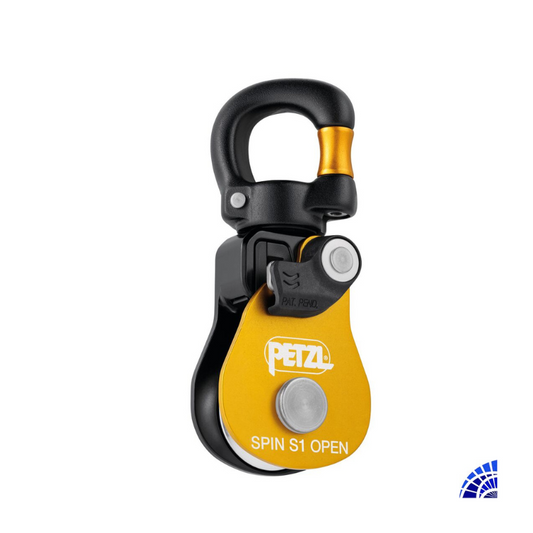 SPIN S1 OPEN POLEA SIMPLE Y COMPACTA DE ALTÍSIMO RENDIMIENTO, Y ESLABÓN GIRATORIO CON CIERRE PETZL